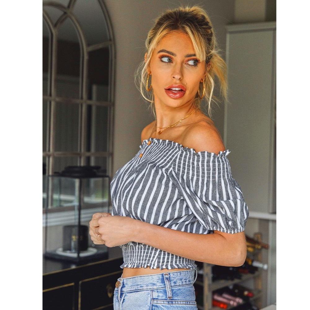 Cotton Striped Off Shoulder Ruched Crop Top - Picture 2 of 7
